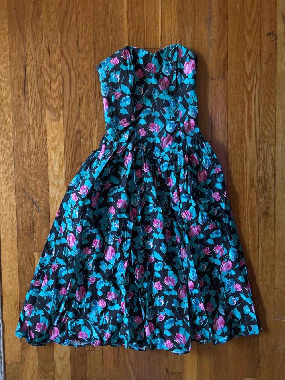 Vintage 80s Black Strapless Floral corset Dress with Pink & Teal Roses